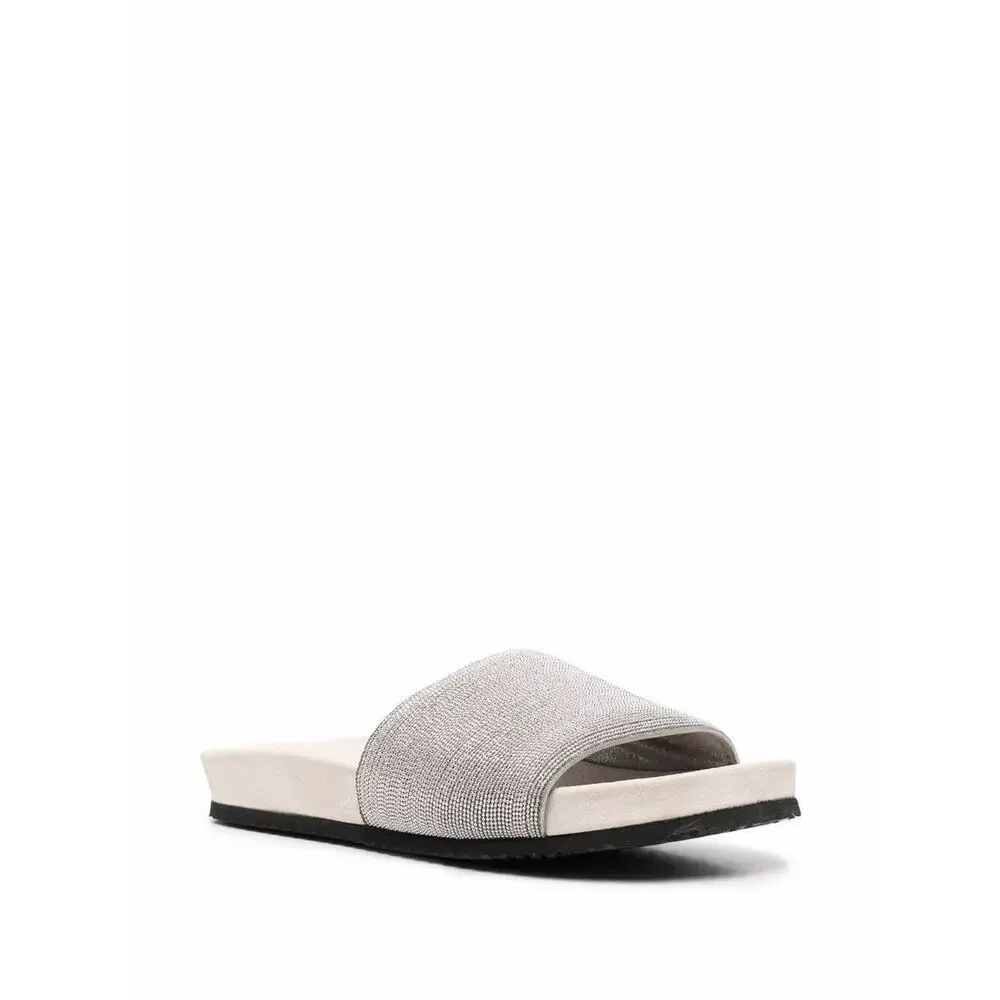 Brunello Cucinelli Anatomical Suede Embellished Slides Sandals Silver Tan EU 40